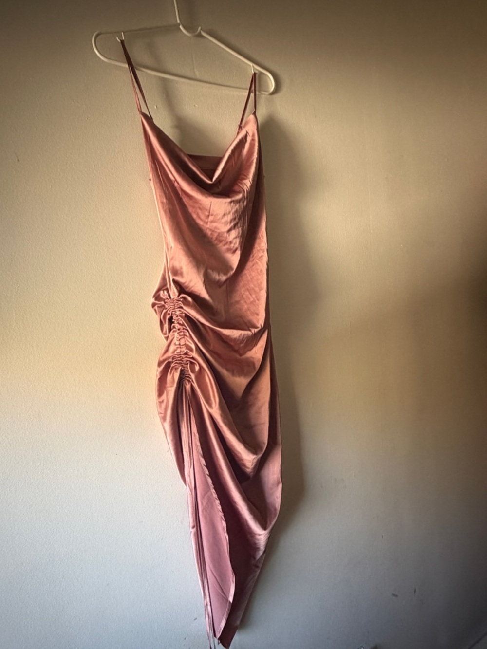 Asymmetrical Ruched Satin Slip Dress - Rose Pink